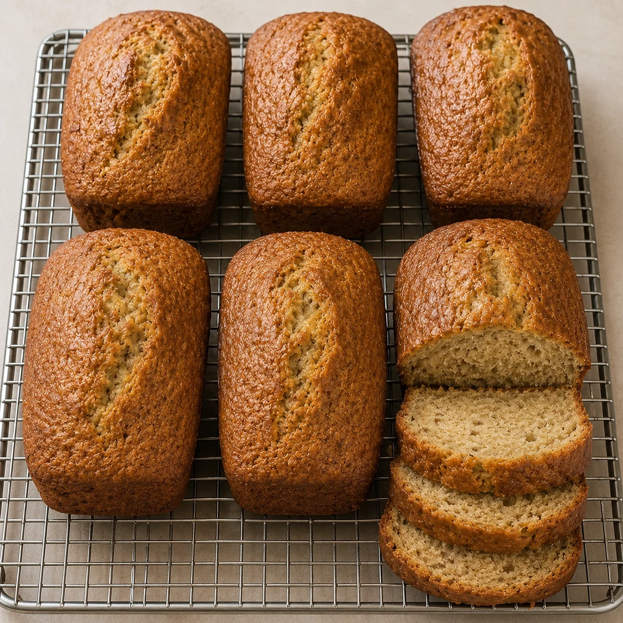 Freshly baked banana bread loaves cooling on a wire rack
