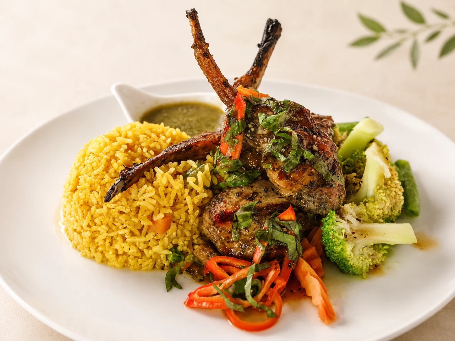 Grilled jerk chicken with yellow rice and vegetables