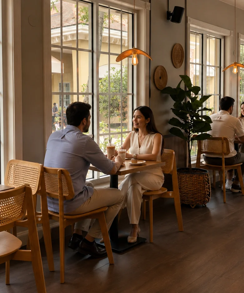 Cozy café interior with natural light and patrons enjoying drinks