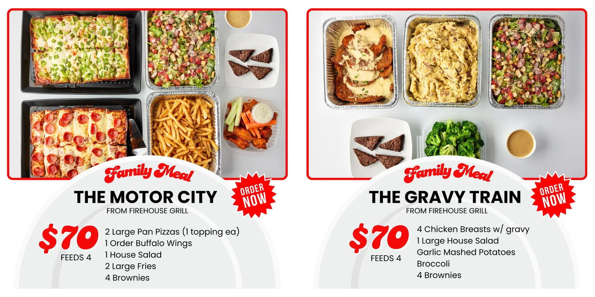 Family meal featuring pizza and chicken dinner from Firehouse Grill