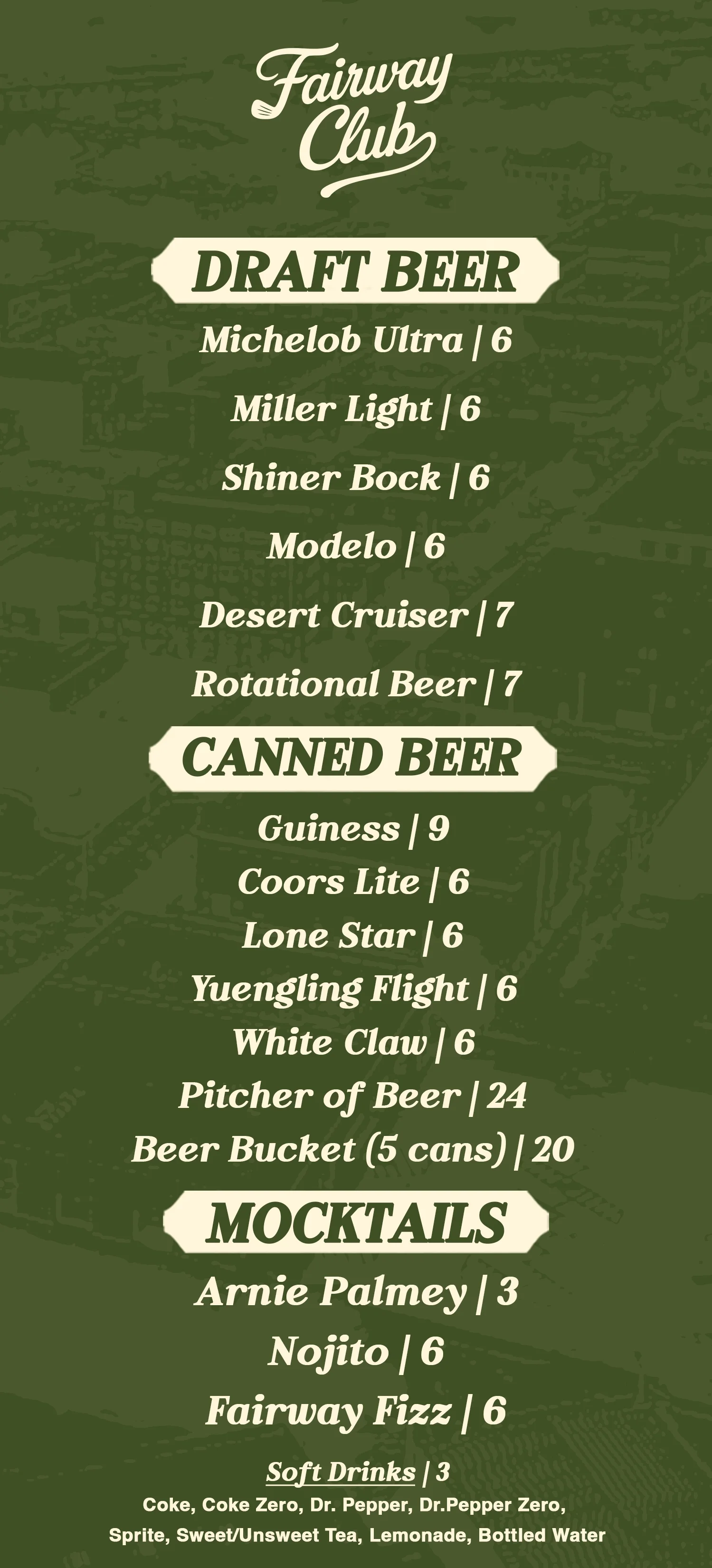 Menu featuring burgers and appetizers at Fairway Club.