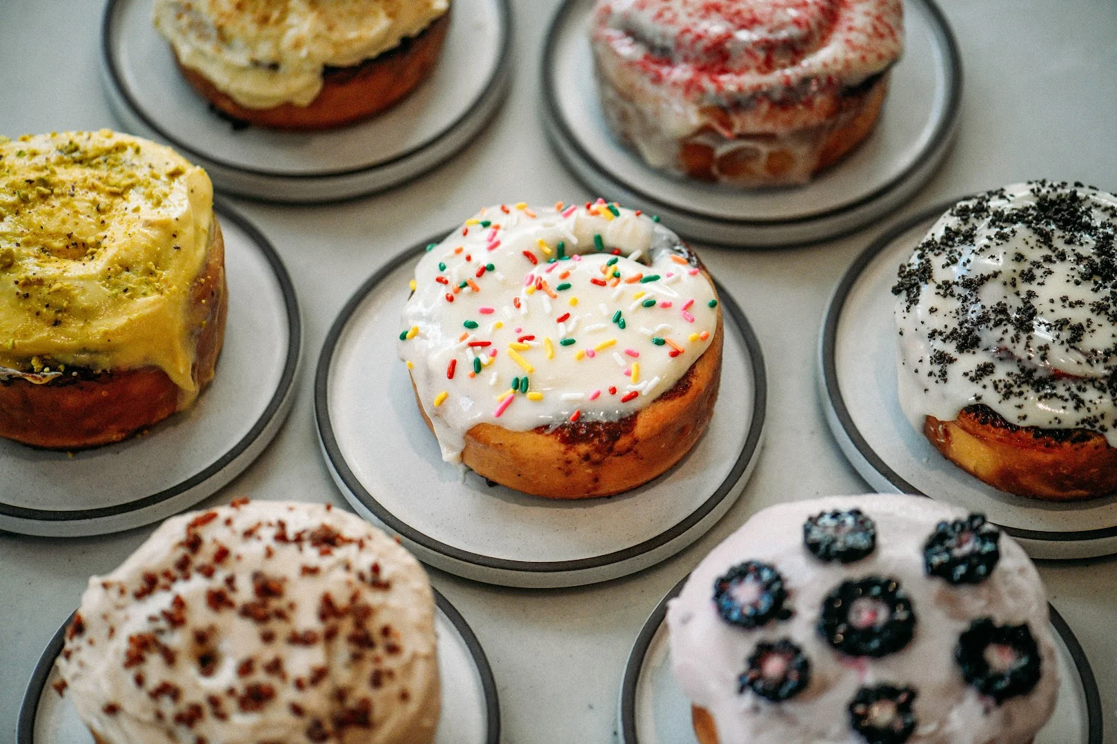 Colorful gourmet donuts on display