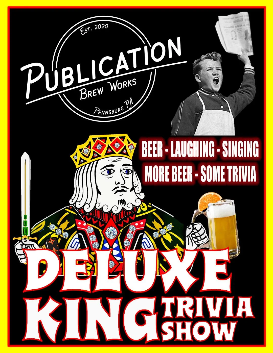 Trivia night poster at Publication Brew Works featuring beer and fun activities