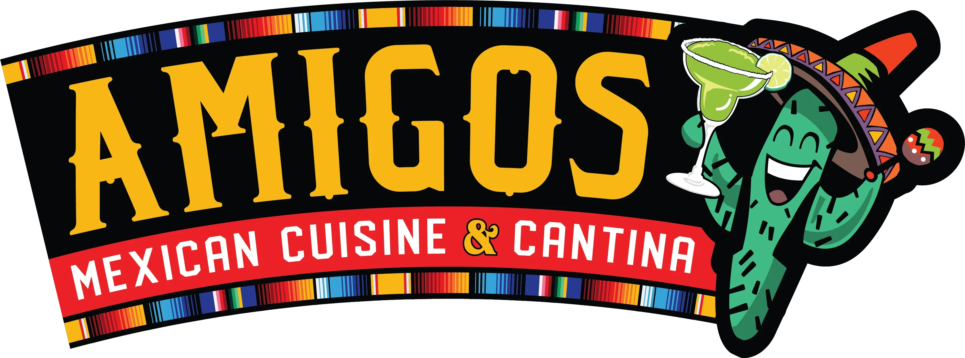 Colorful logo for Amigos Mexican Cuisine & Cantina featuring a cheerful cactus
