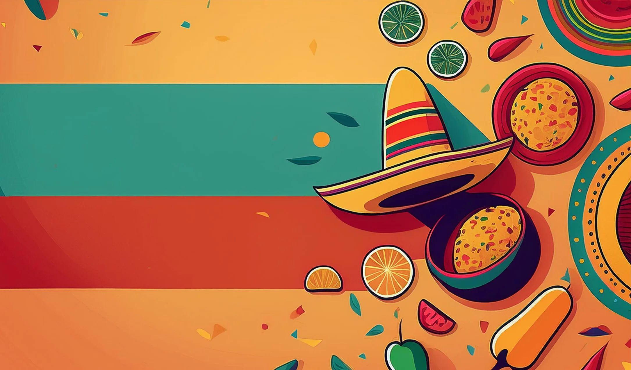 Colorful Mexican fiesta elements with sombrero and vibrant fruits