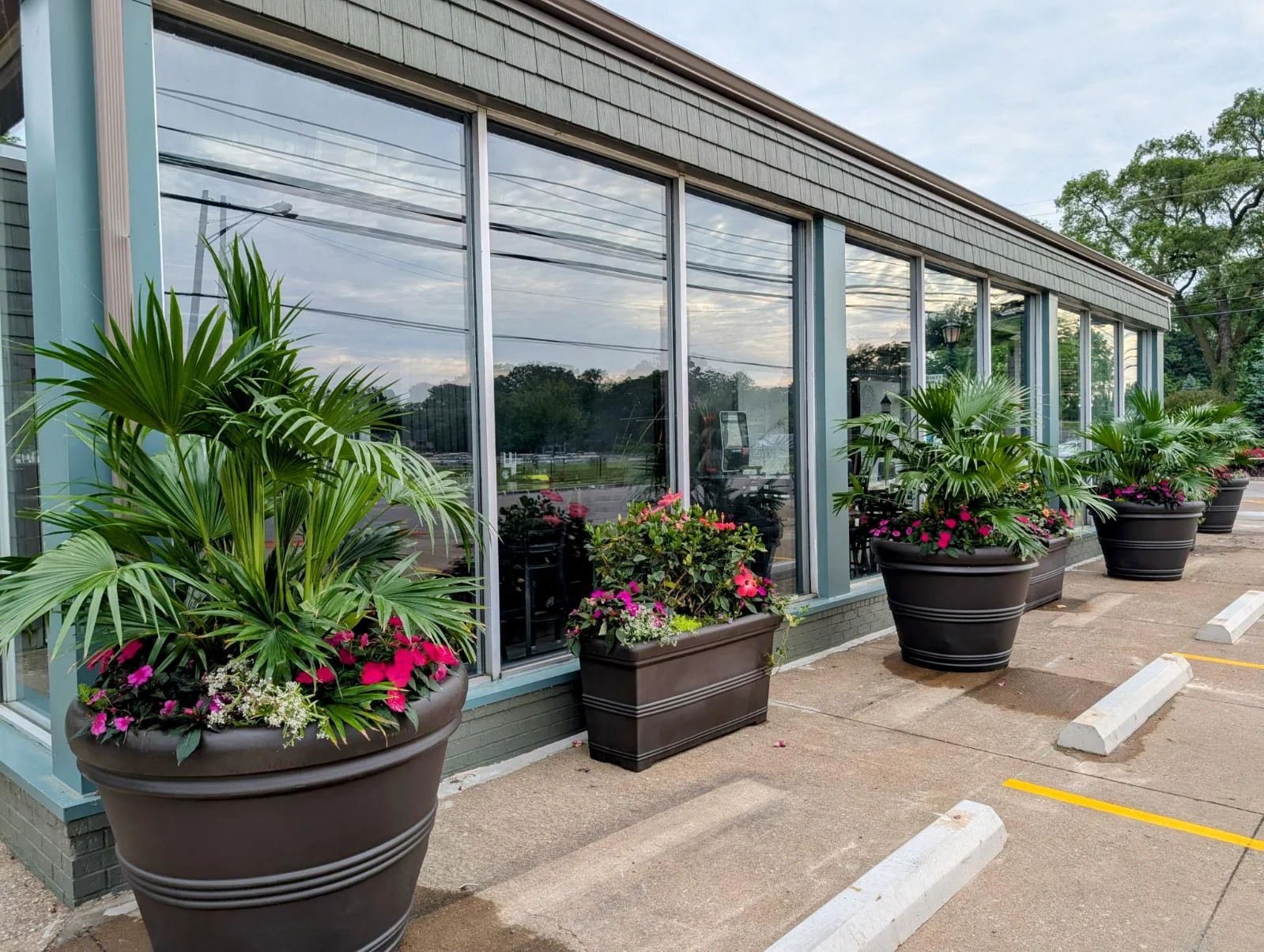 Restaurant exterior with vibrant planters and large windows