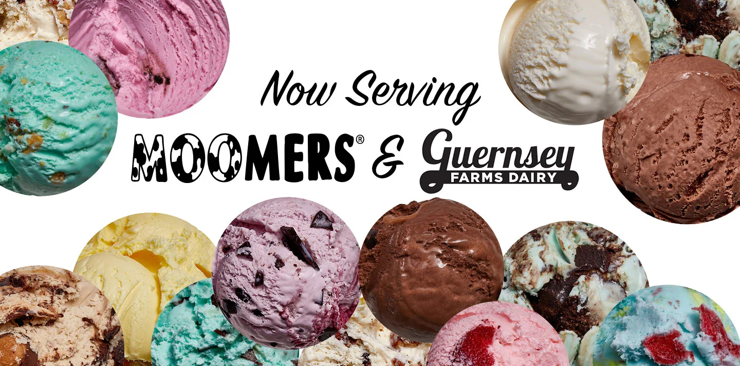 Now Serving Moomers & Guernsey Ice Cream headline surrounded by scoops of ice cream