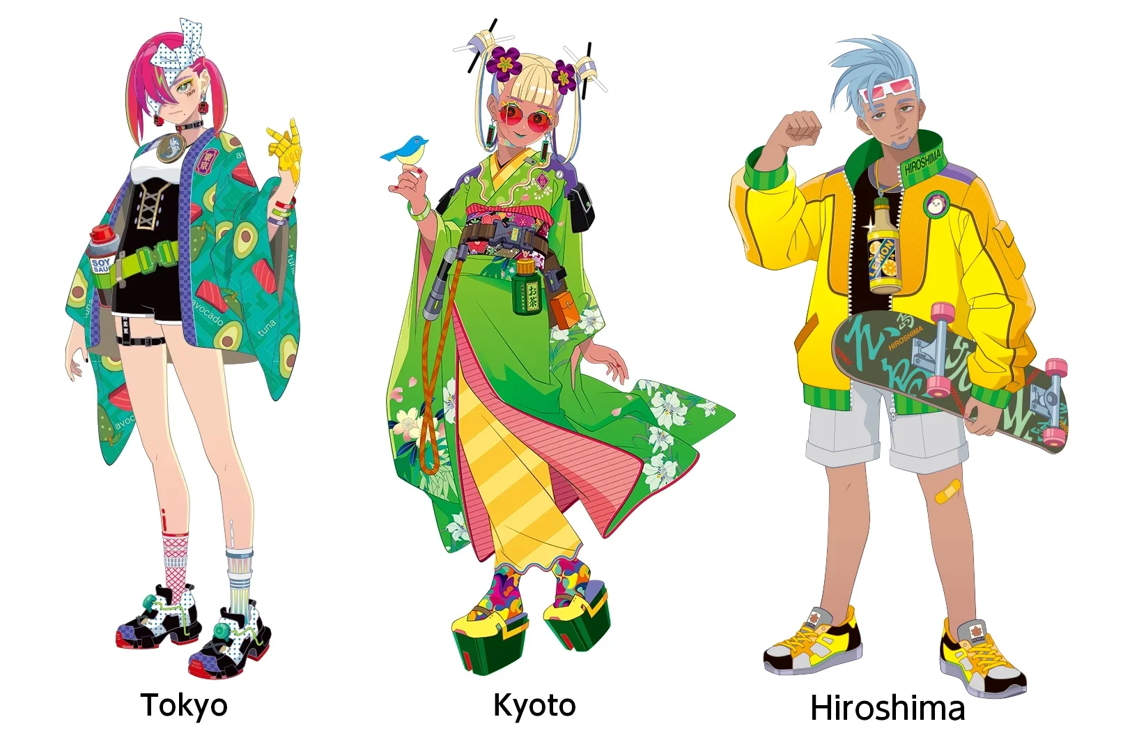 Three vibrant characters representing Tokyo, Kyoto, and Hiroshima styles