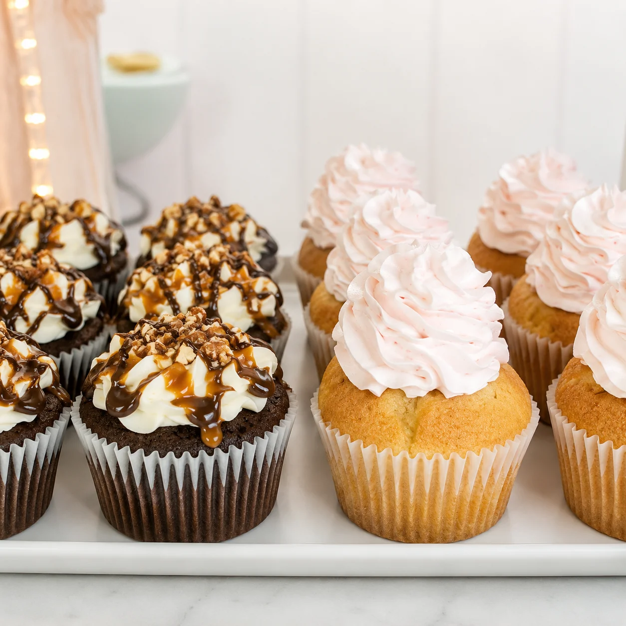 Decadent chocolate and vanilla cupcakes with frosting