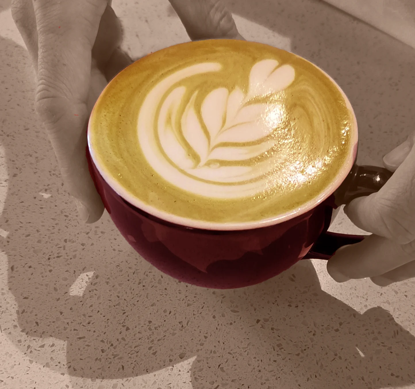 A beautifully crafted latte with leaf art in a red cup.