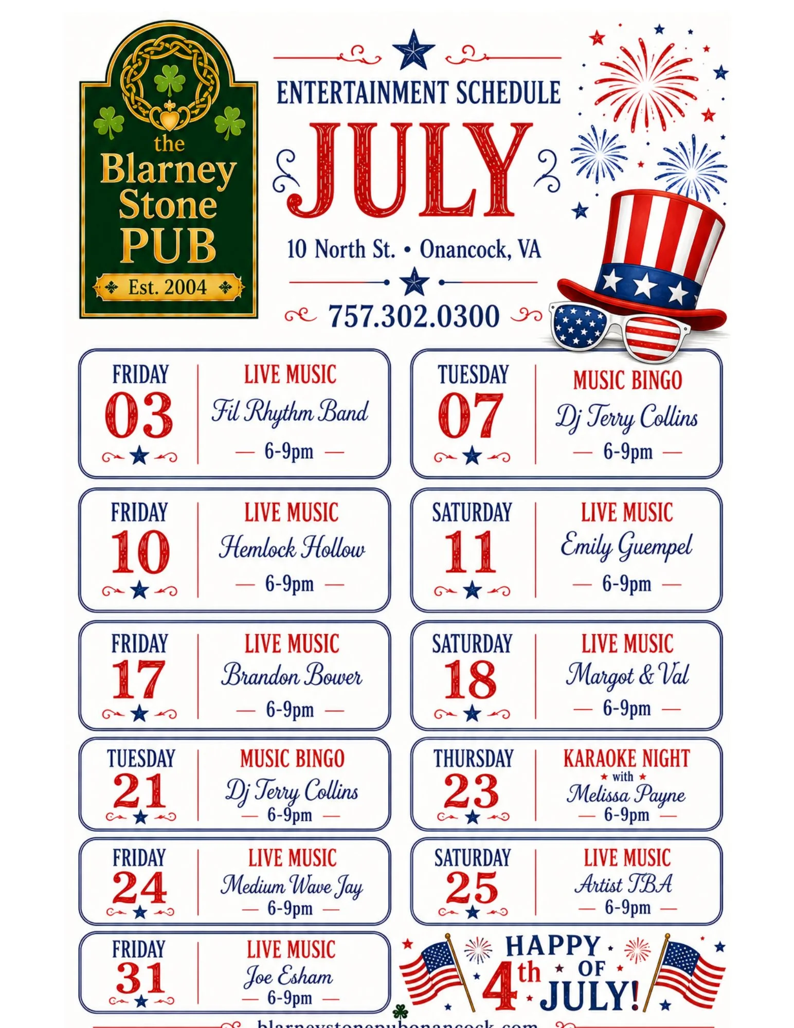 February entertainment schedule for a restaurant featuring live music and events.