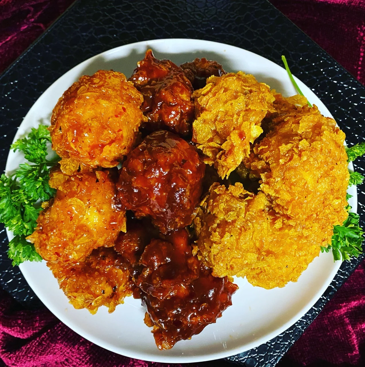 Crispy Southern fried chicken and sweet barbecue meatballs
