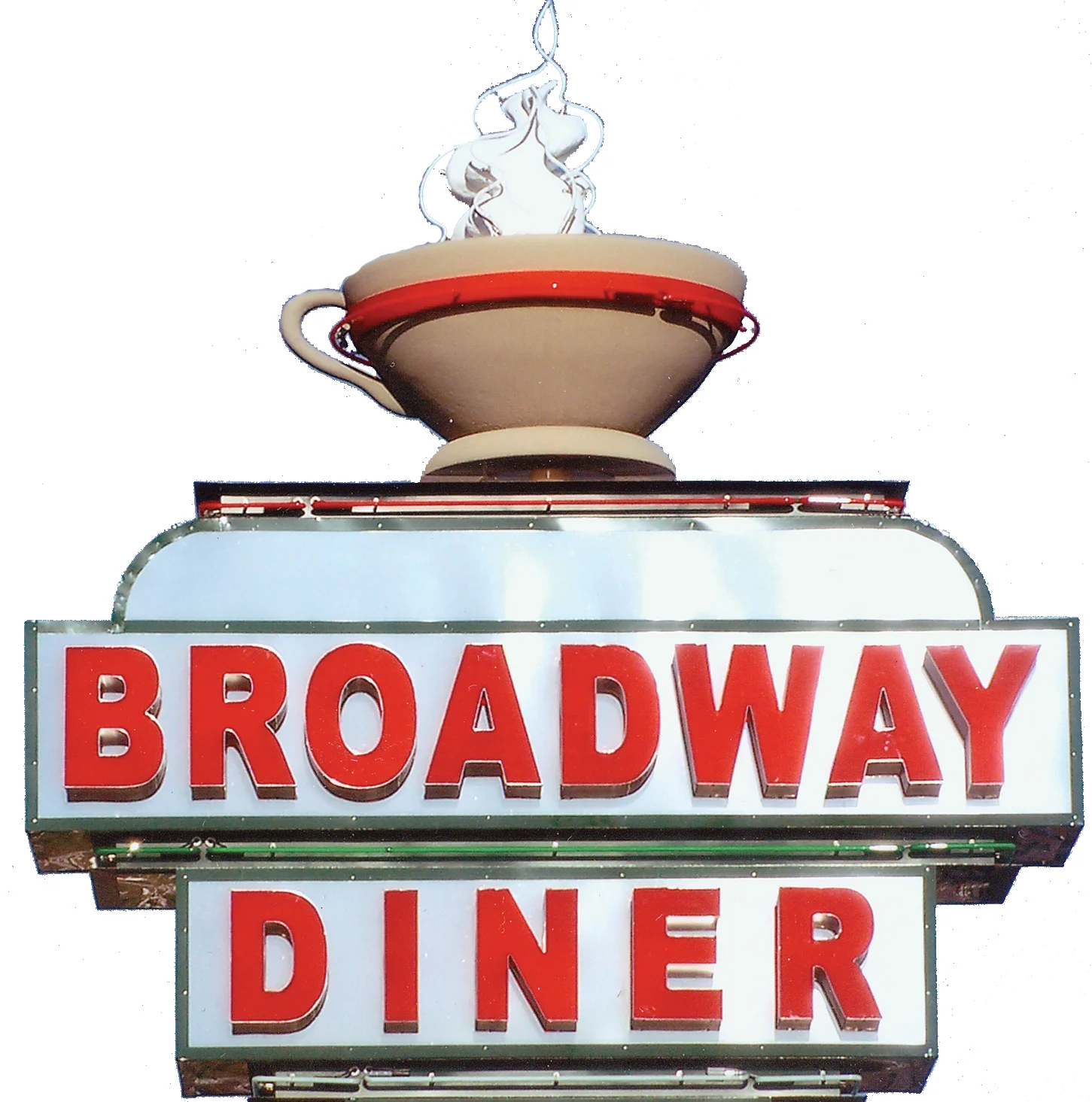 A vintage diner sign featuring a coffee cup and the words 'BROADWAY DINER' in bold, red letters.