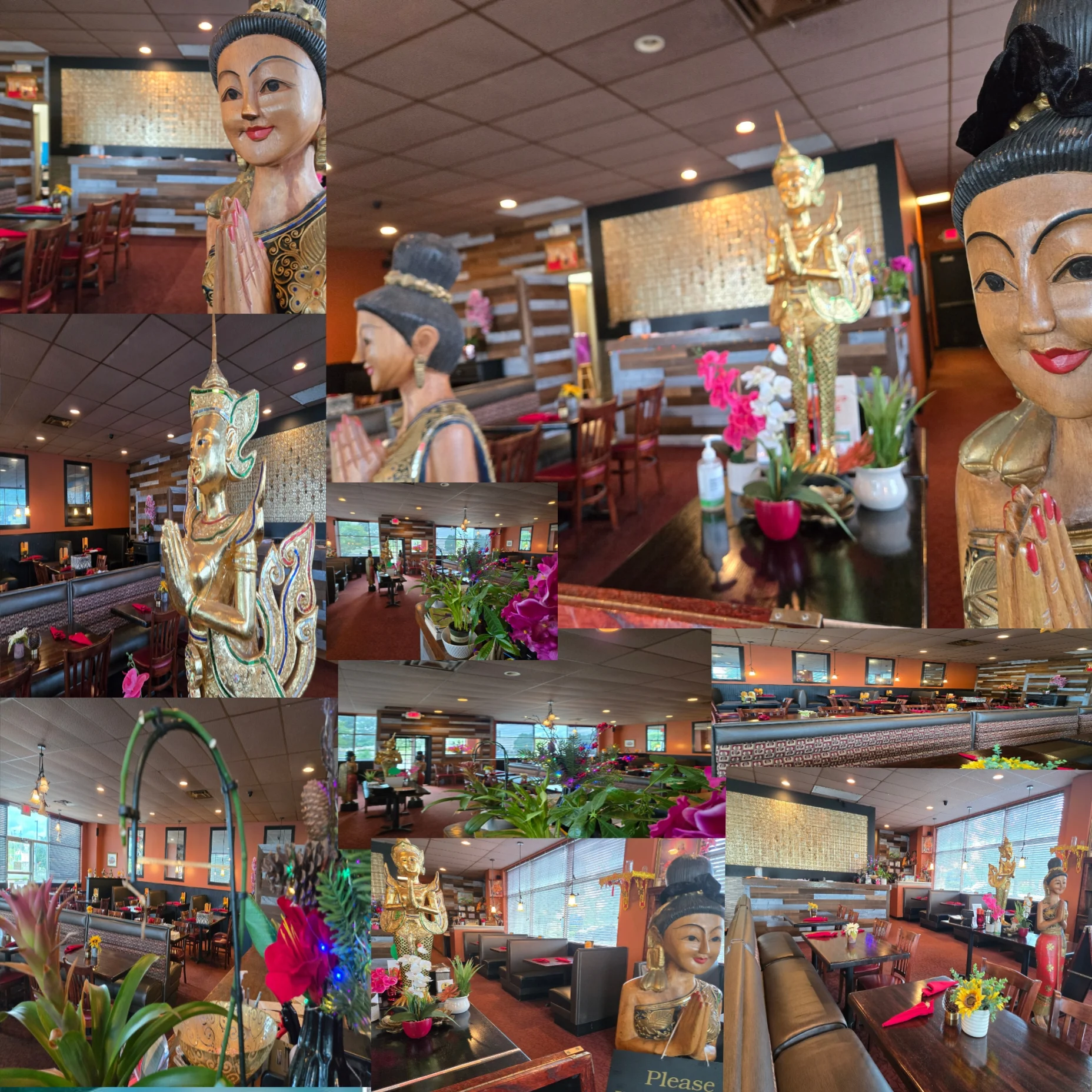 Elegant restaurant interior with Asian decor and floral arrangements