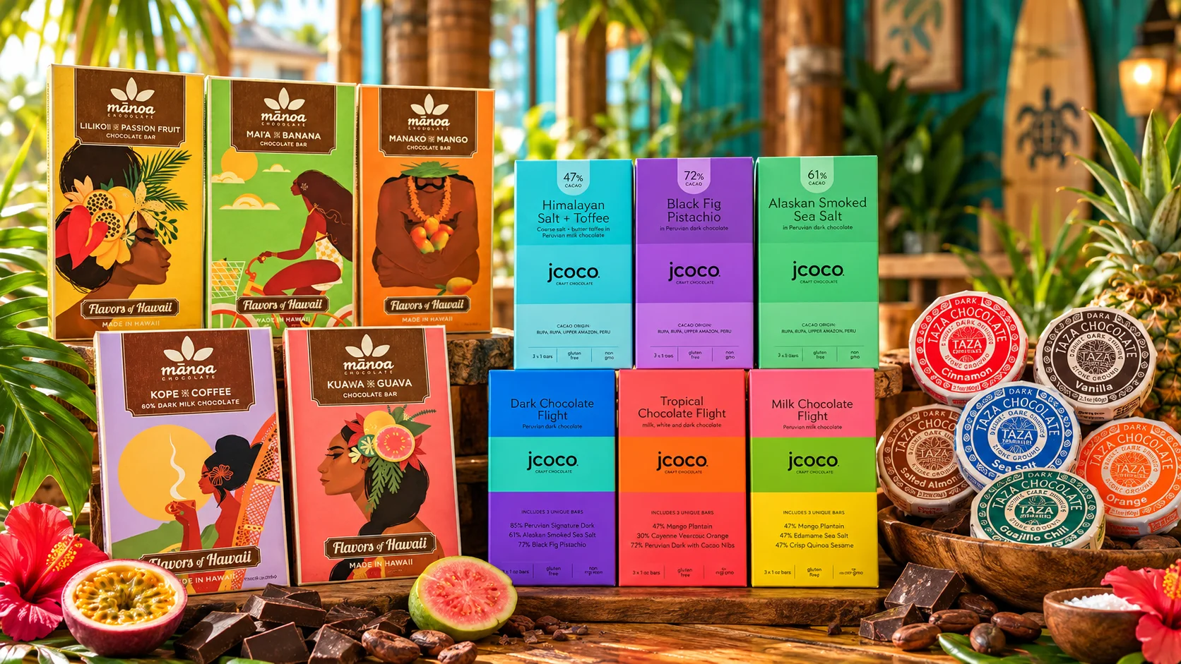 Artisan chocolate bars showcasing Hawaiian flavors and unique ingredients