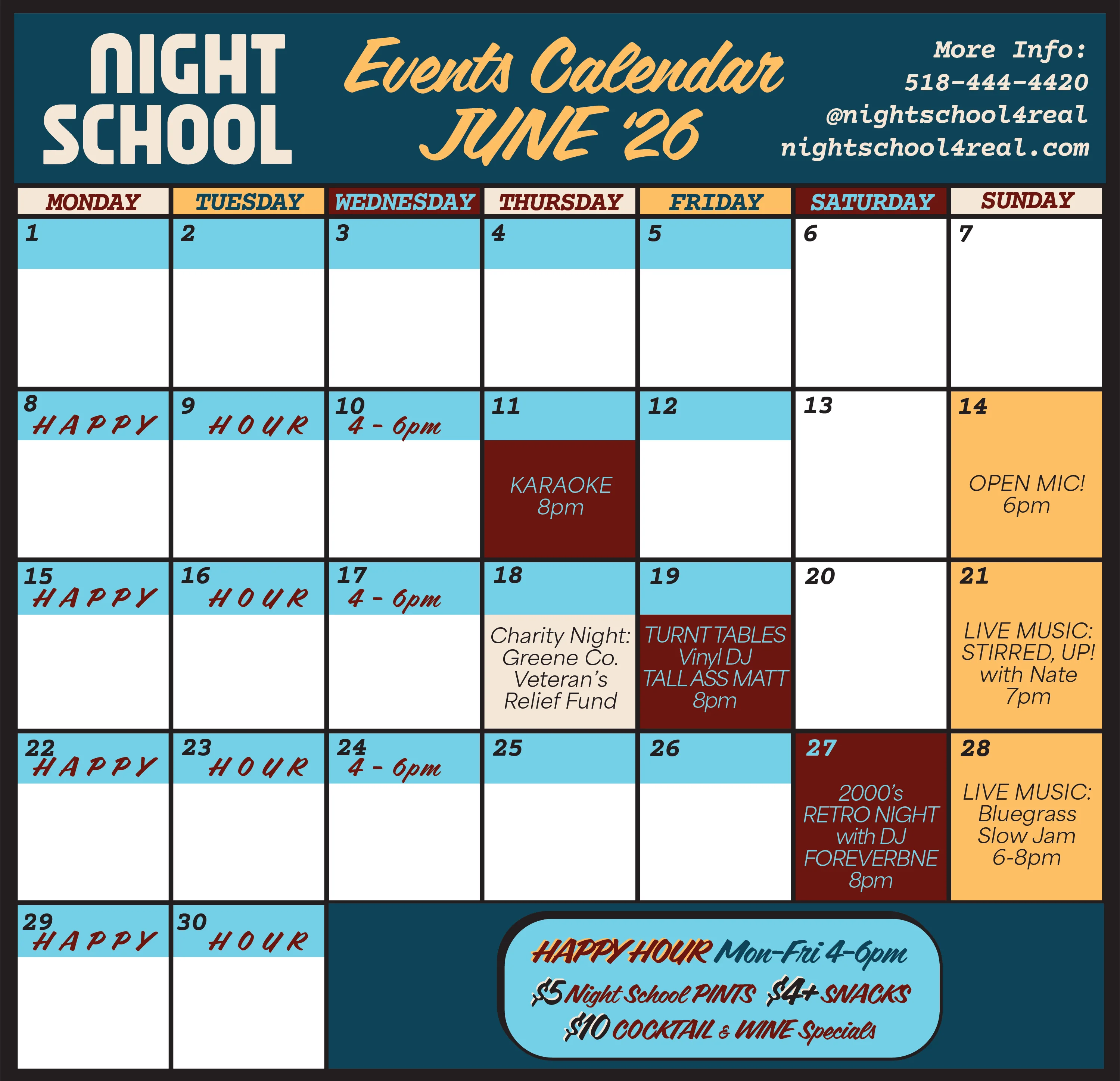 April monthly calendar with events and promotions for the restaurant.