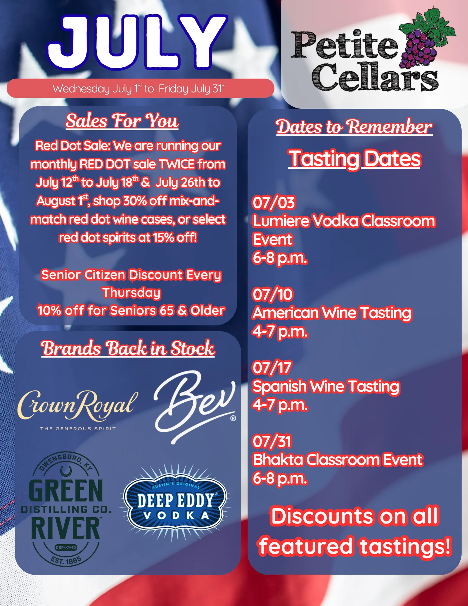 Promotional flyer for June wine and spirit tastings at Petite Cellars