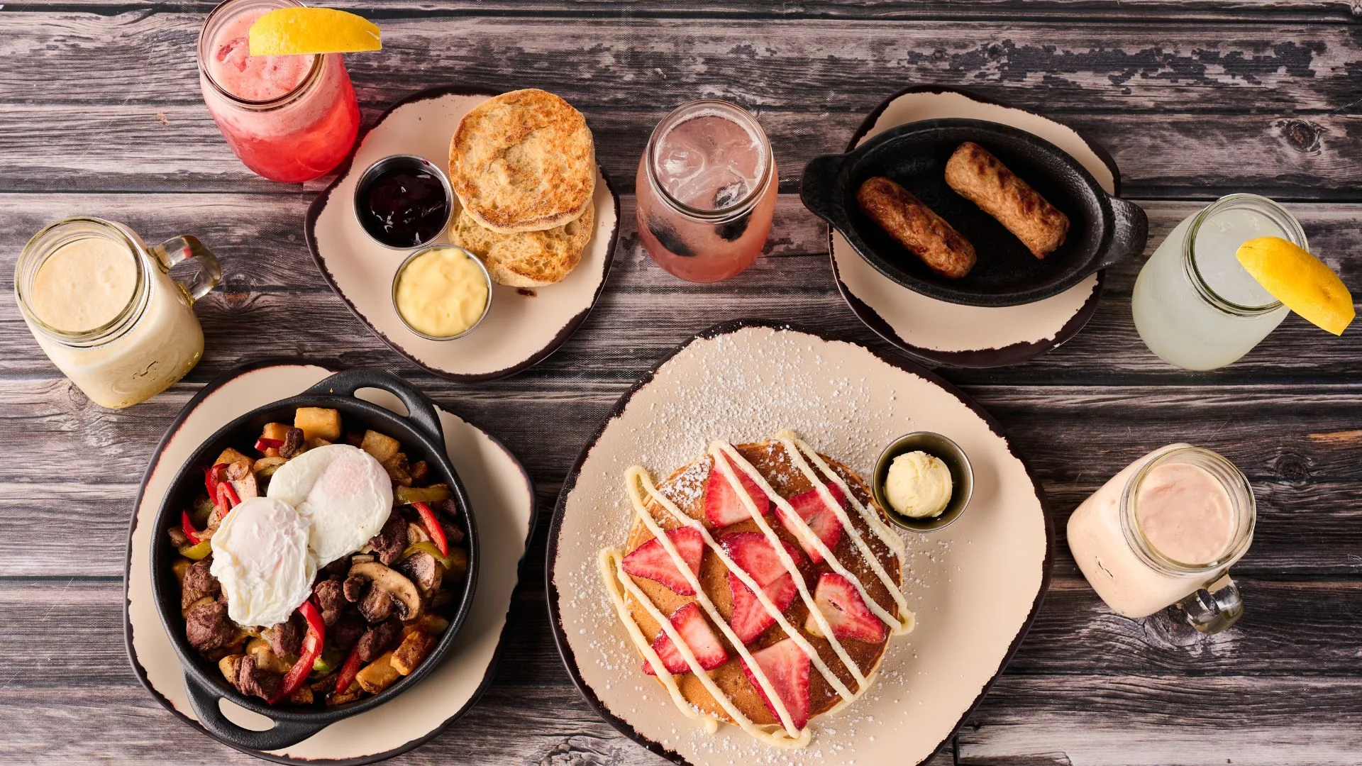 Delicious brunch spread featuring pancakes and breakfast skillet