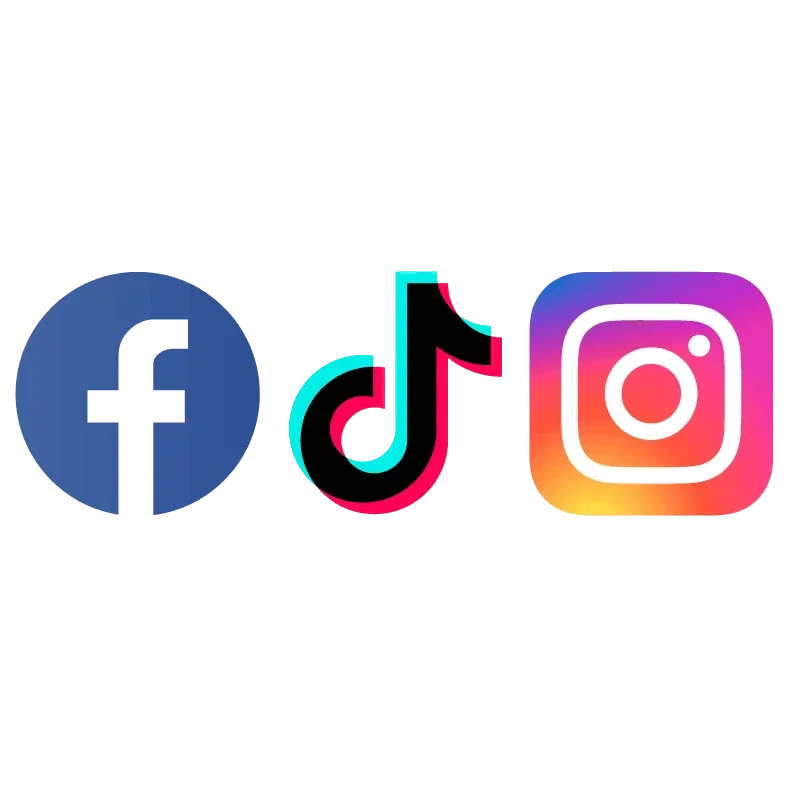 Social media logos: Facebook, TikTok, Instagram icons on a black background