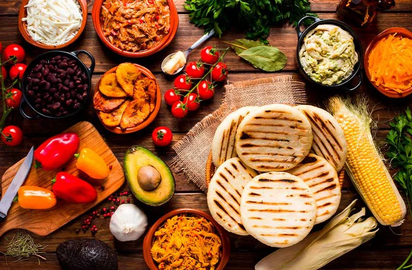 Colombian arepas with assorted toppings and fresh ingredients