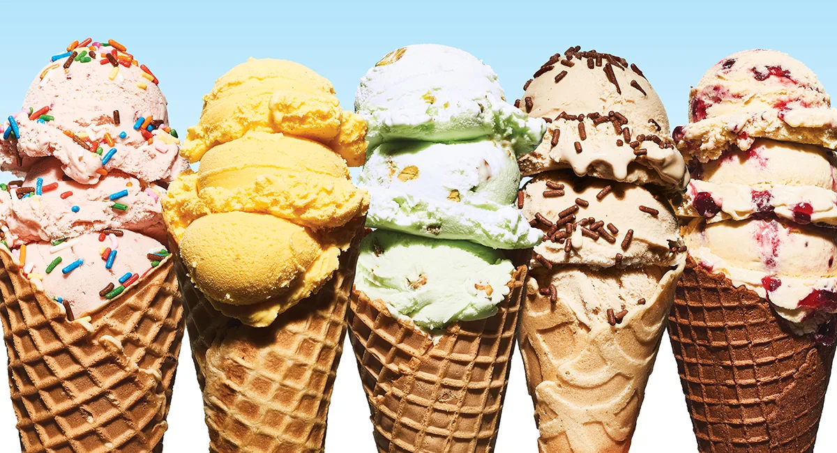 Colorful ice cream cones in various flavors