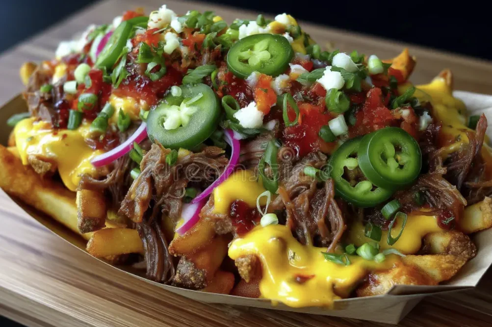 Loaded nachos with pulled beef and toppings