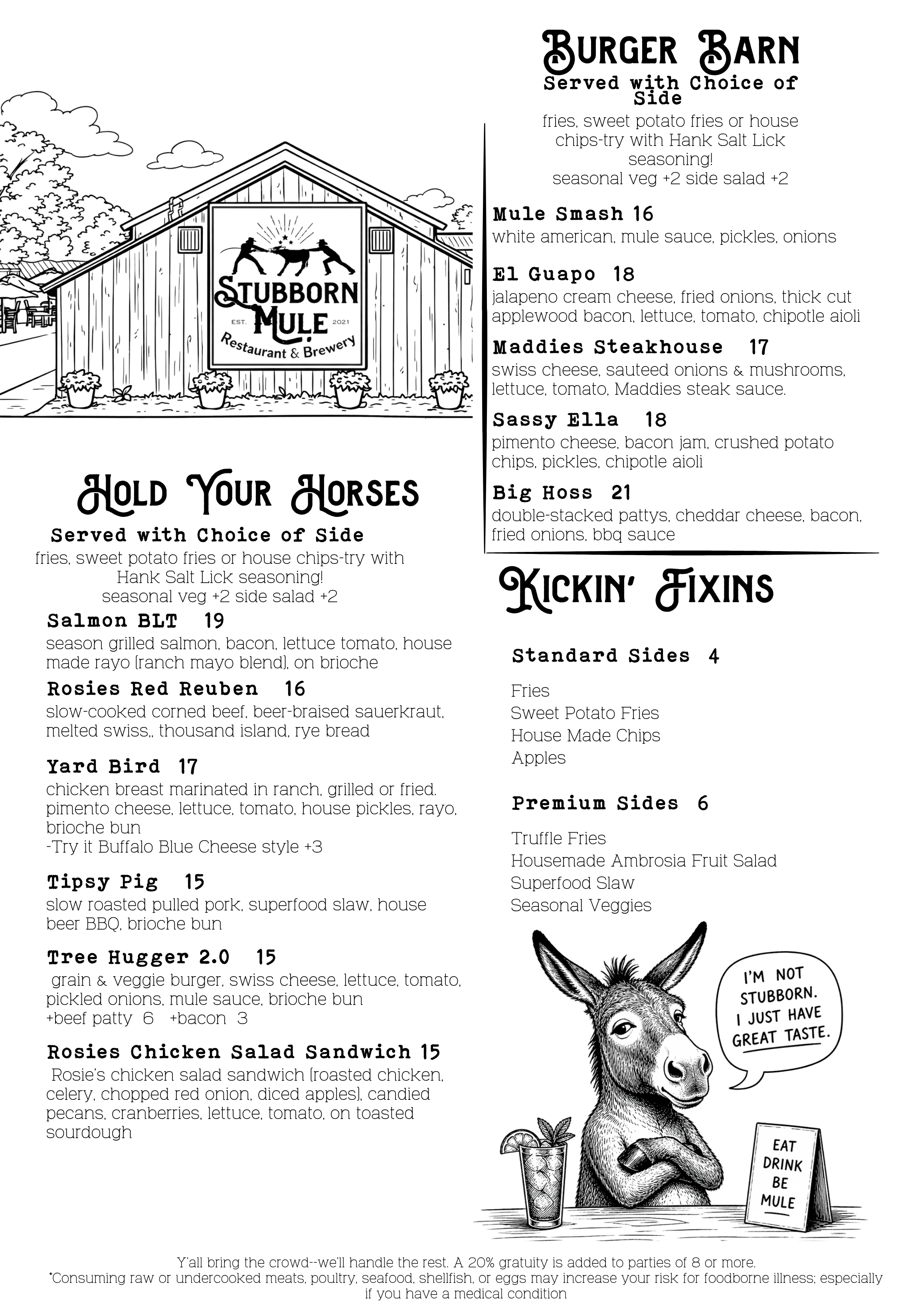 Menu of Stubborn Mule featuring various food and drink options.
