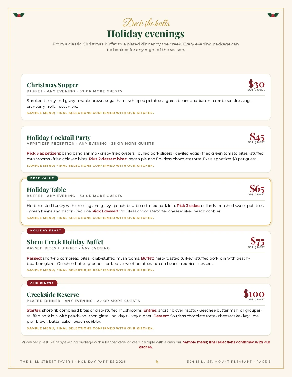 Mill Street Tavern holiday packages