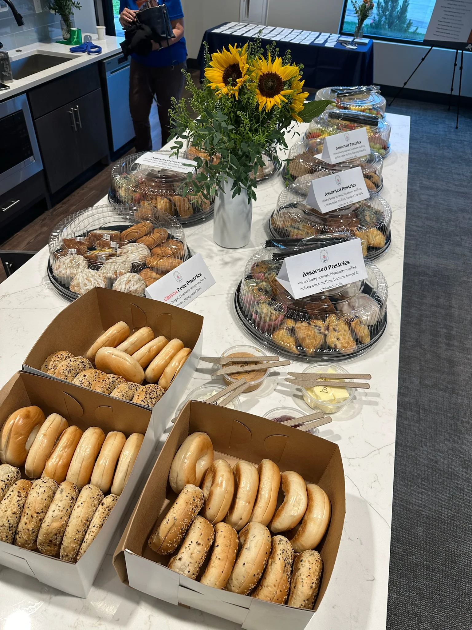 Assorted pastries and bagels for a breakfast spread