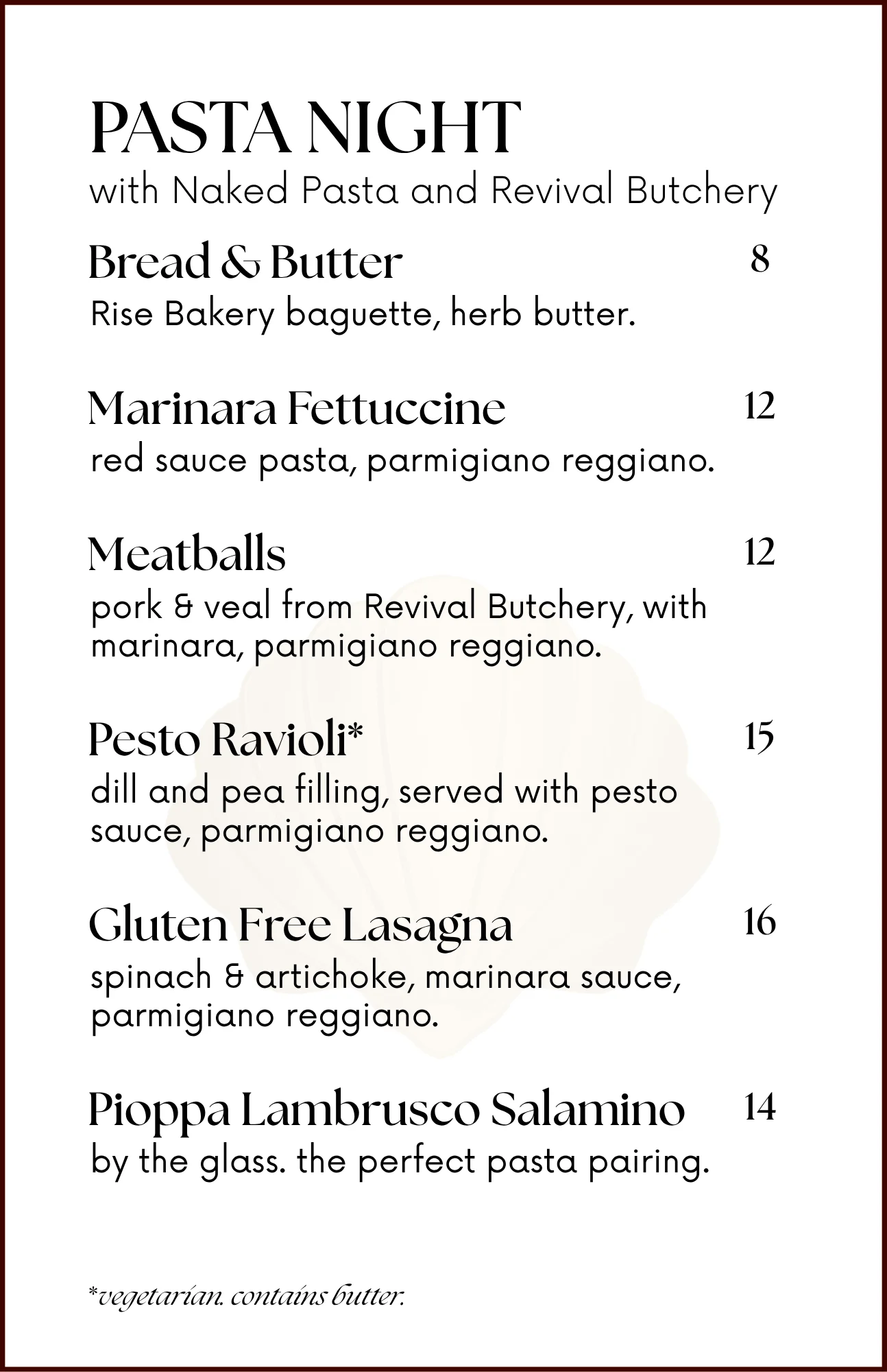 Promotional image for Pasta Night at a restaurant featuring pasta dishes.