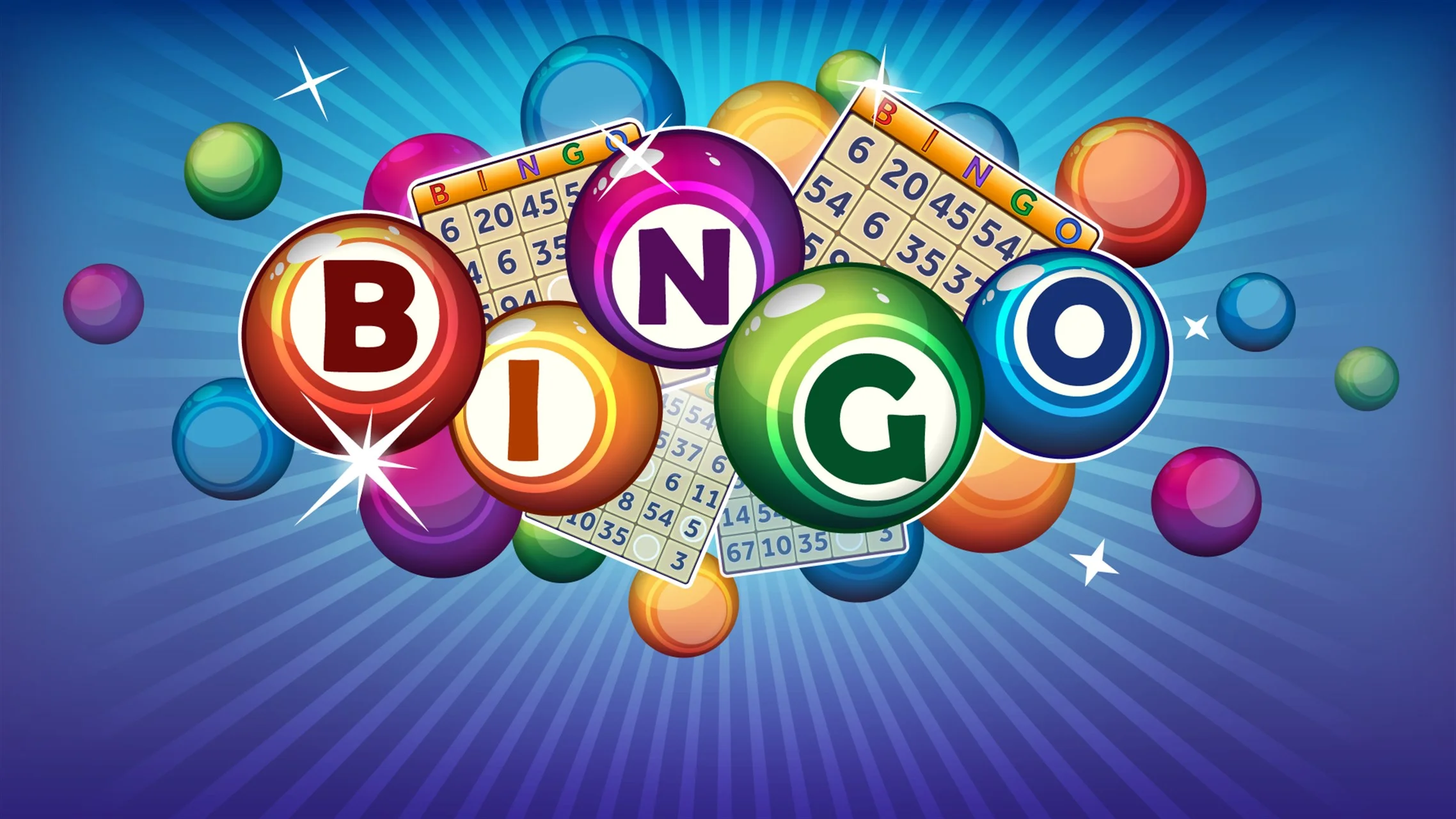Colorful bingo balls and cards on a vibrant background