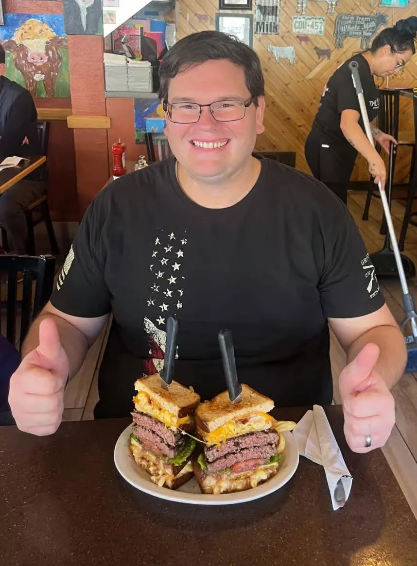 Giant American cheeseburger stack with grilled cheese