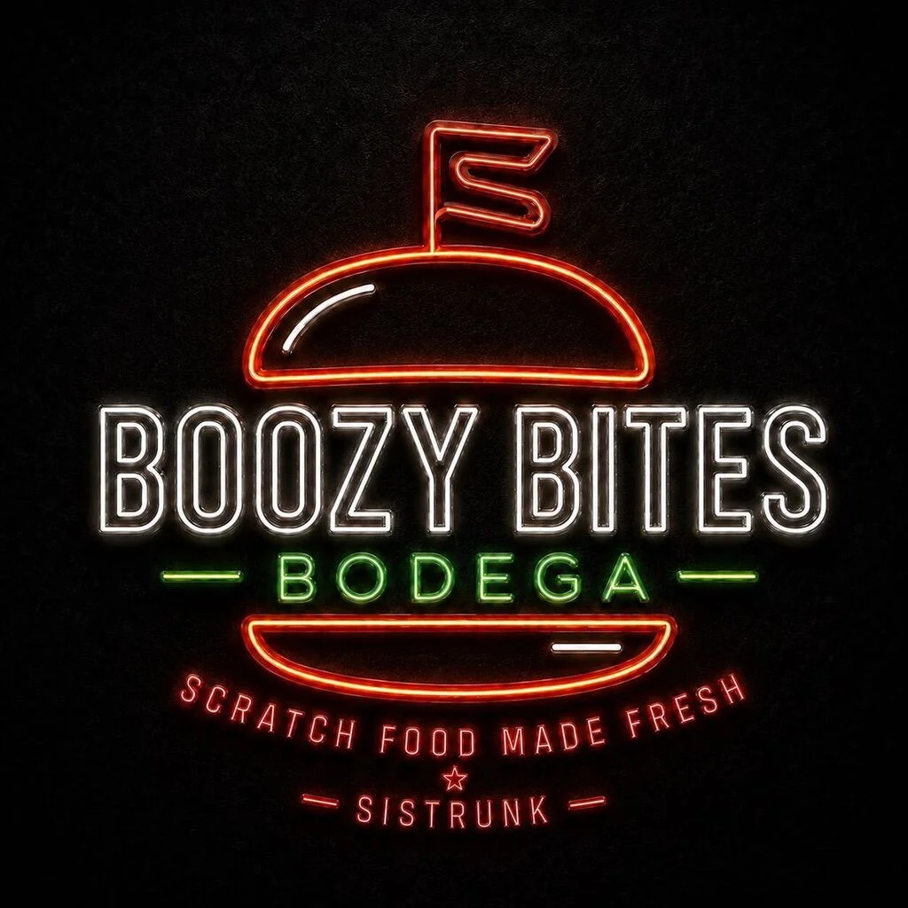 Neon logo of Boozy Bites Bodega with burger icon