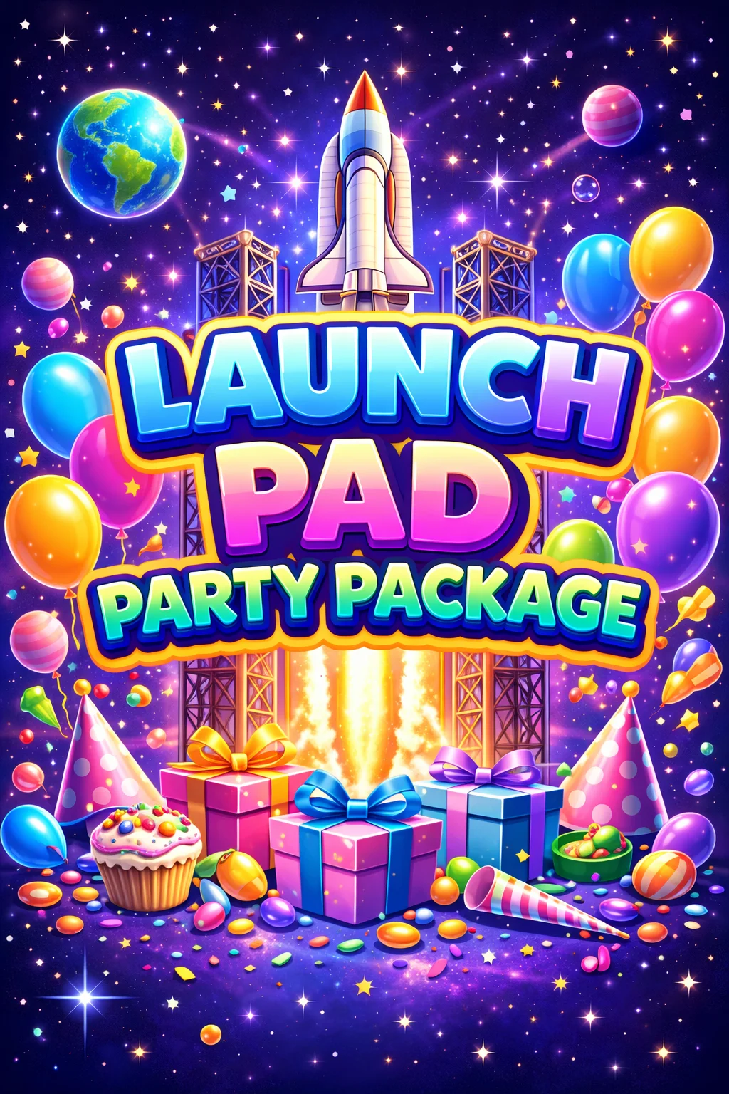 Colorful party package with rocket theme and festive decorations