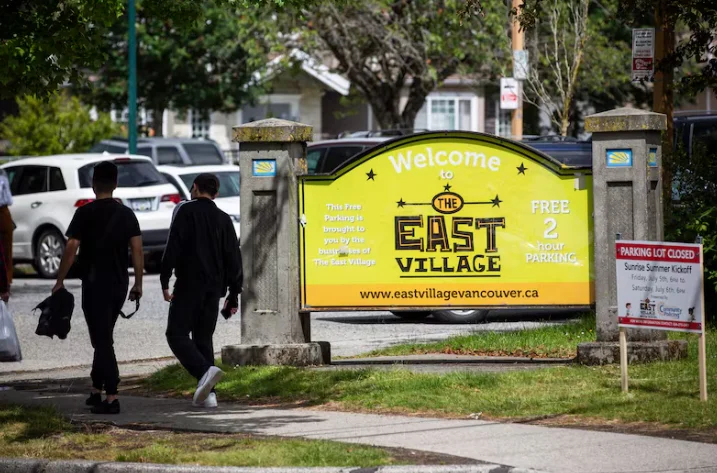 Welcome sign for The East Village in Vancouver