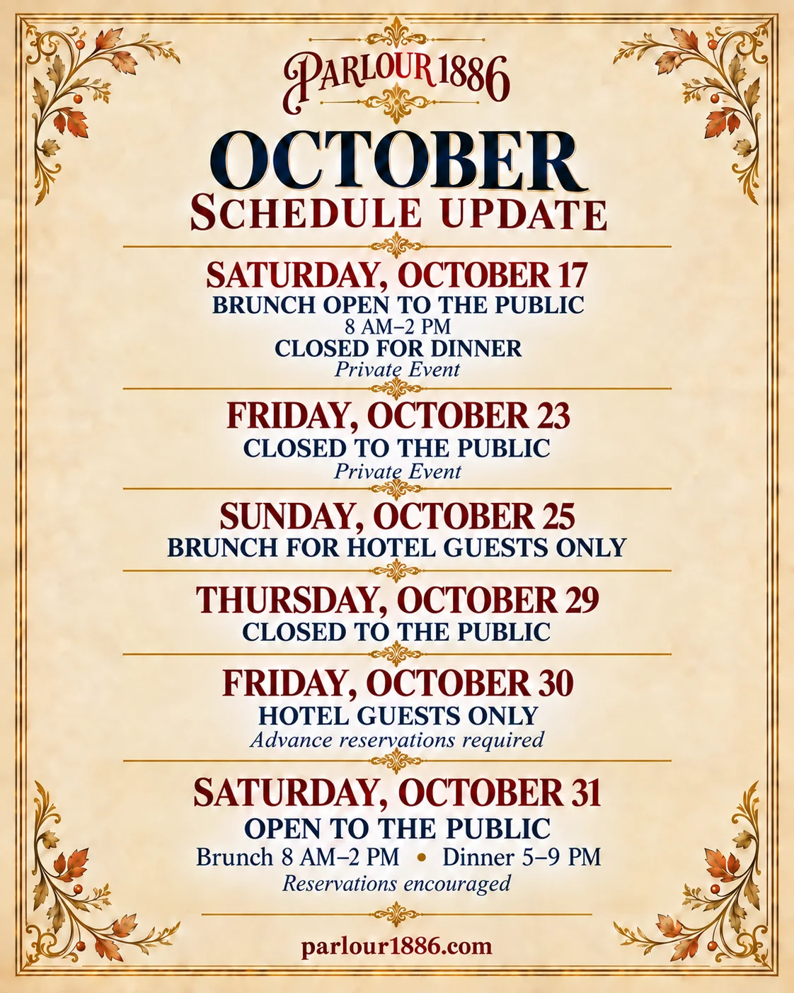 Parlour 1886 October schedule update featuring restaurant hours and events