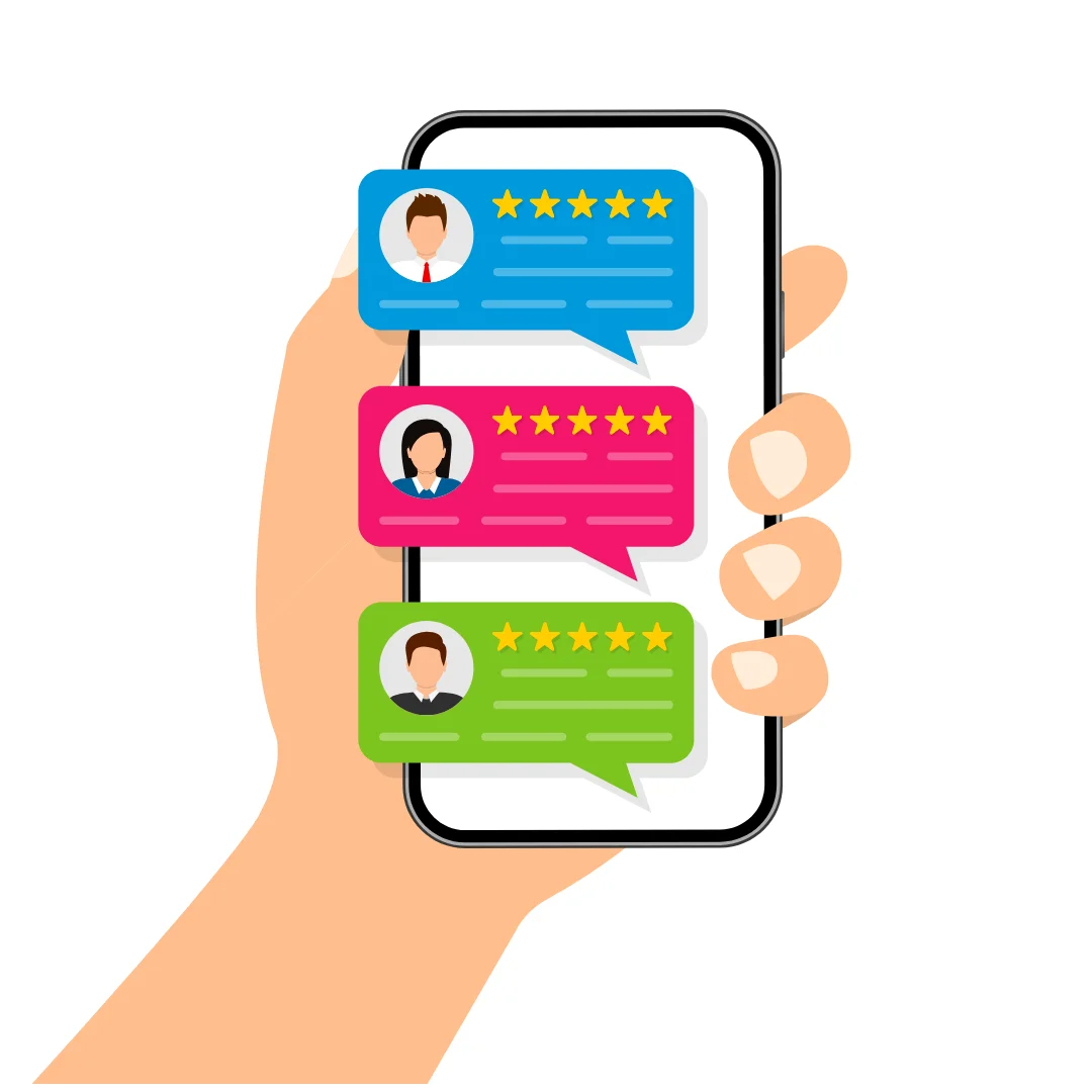 Hand holding a smartphone displaying customer reviews with star ratings