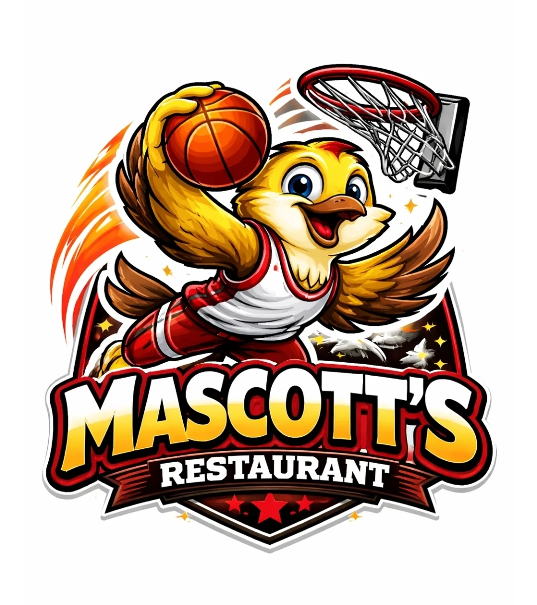 A colorful cartoon logo of a bird in a basketball outfit, performing a dunk.