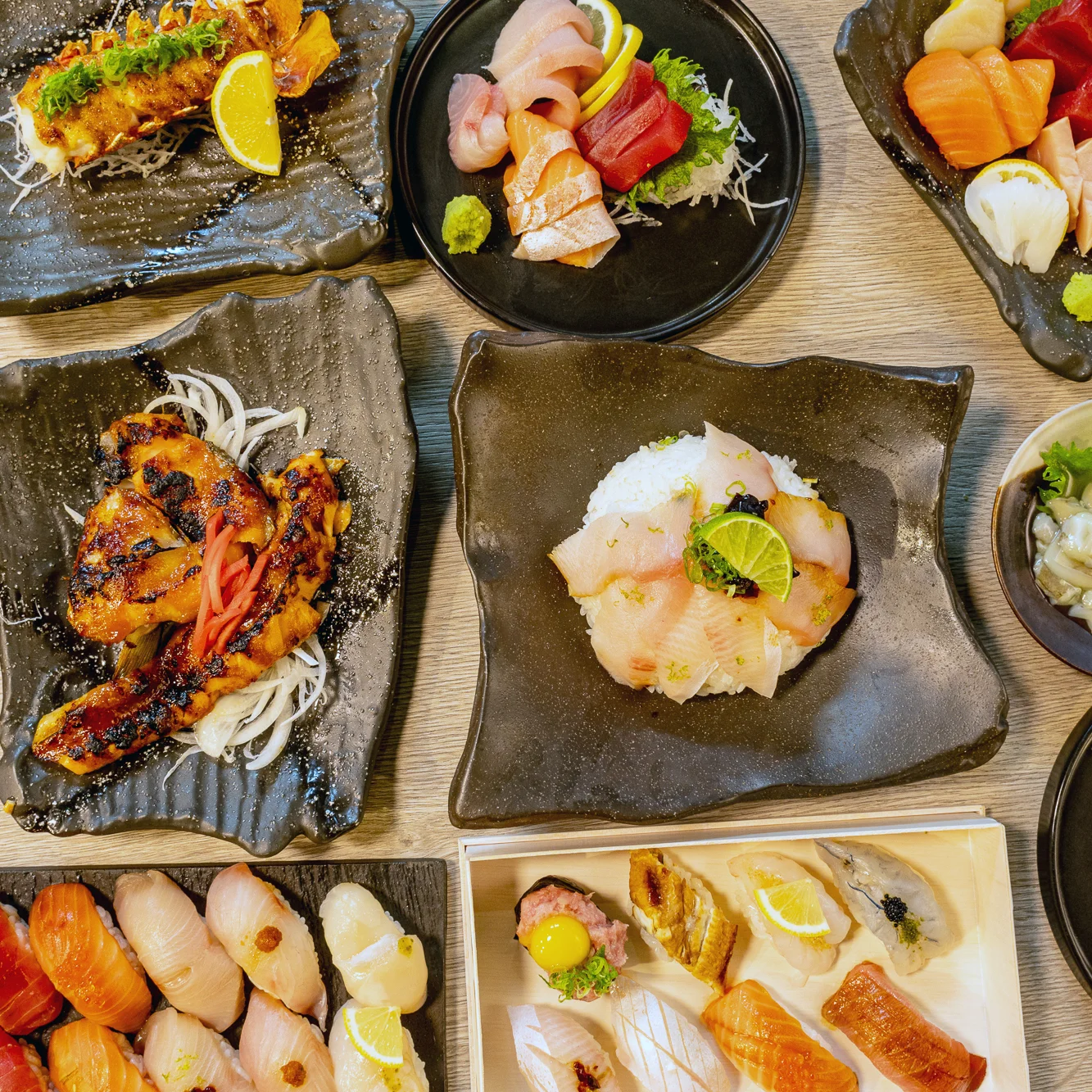 Assorted Japanese sushi and sashimi platter with fresh seafood