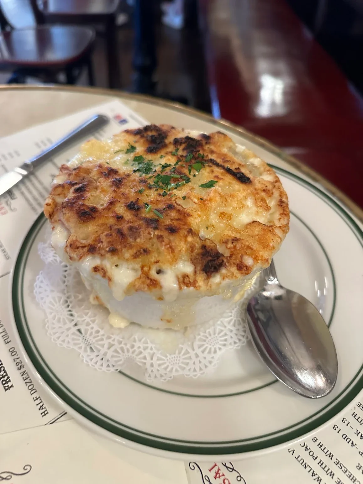 French onion soup with melted cheese and crispy topping
