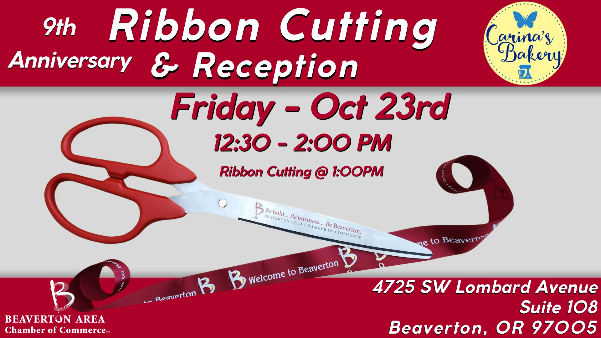 Restaurant bakery anniversary ribbon-cutting event announcement graphic