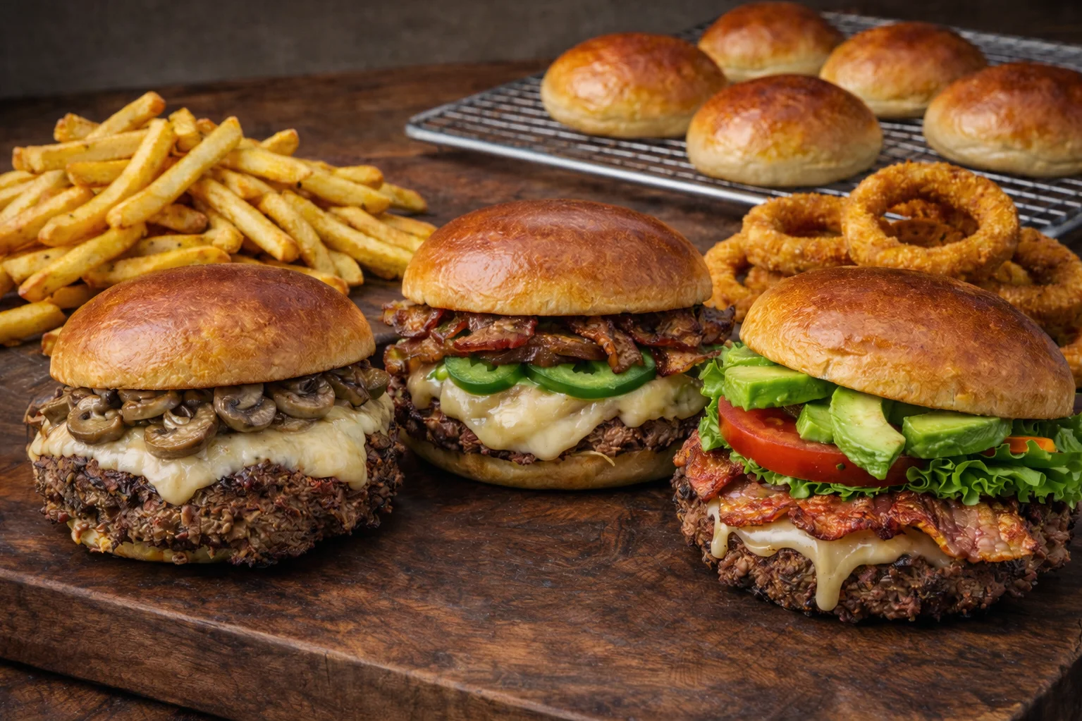 Gourmet burgers with fries and onion rings on a wooden table