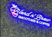 Neon sign for Blend n Brew coffee shop with vibrant colors