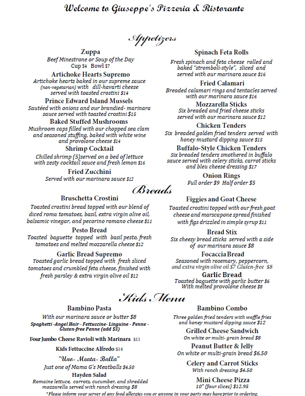 Menu from Giuseppe's Pizzeria featuring appetizers, breads, and kids' options.