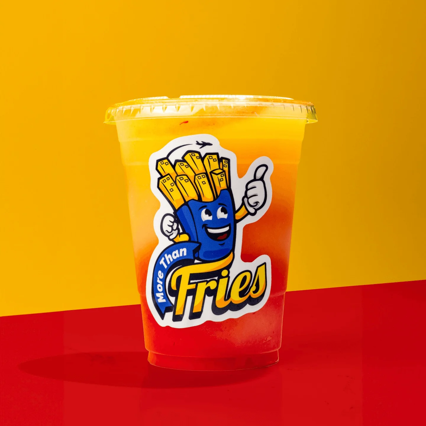 Colorful drink in a cup with a fun fries logo