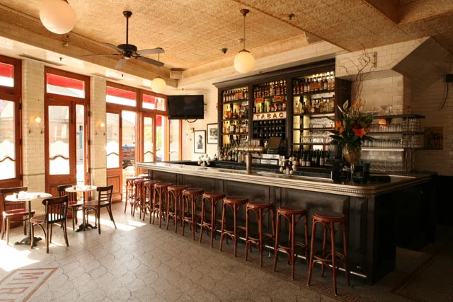 Stylish bar interior with wooden stools and warm lighting