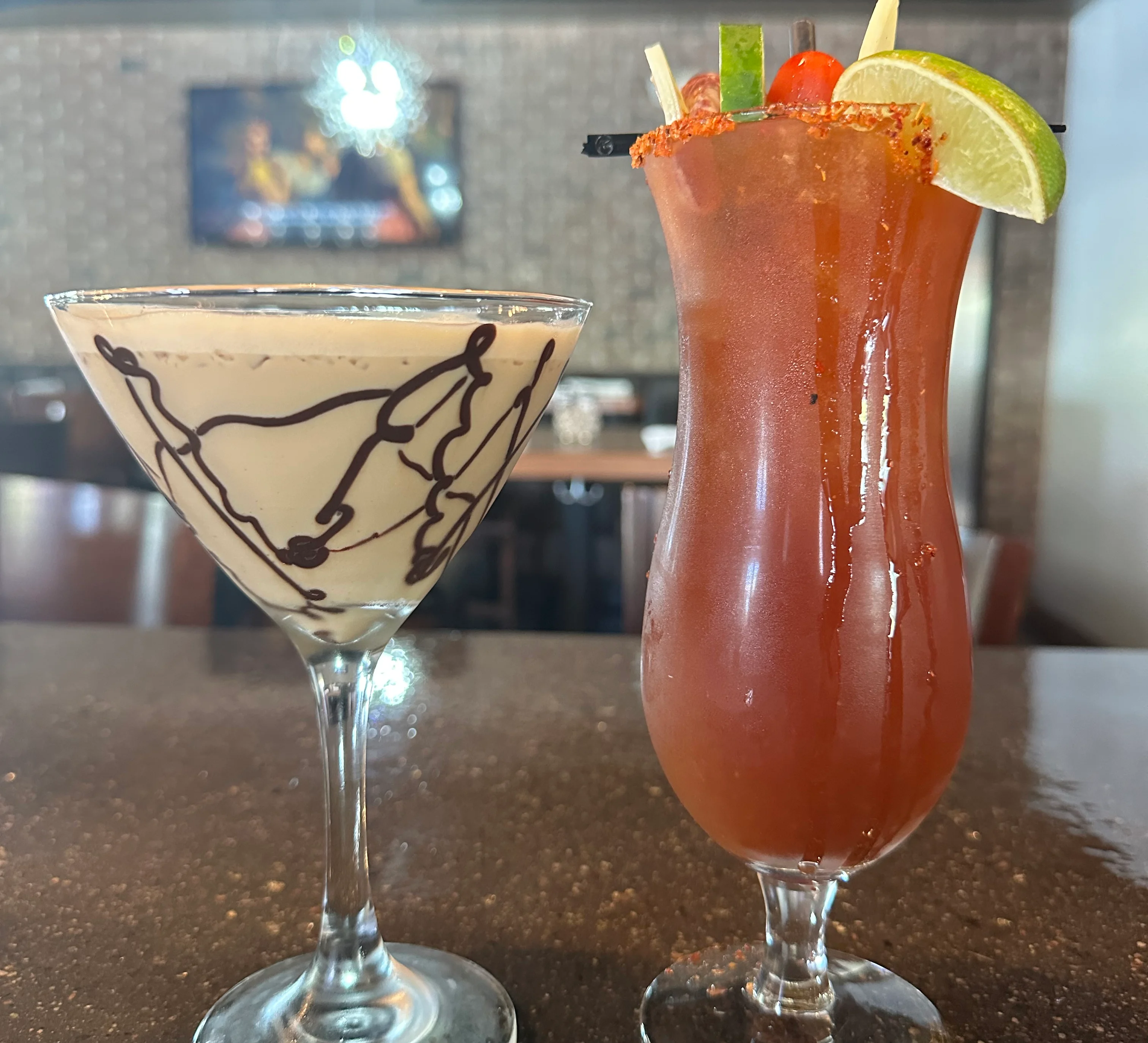 our espresso martini and our bloody mary cocktails on the bar top 