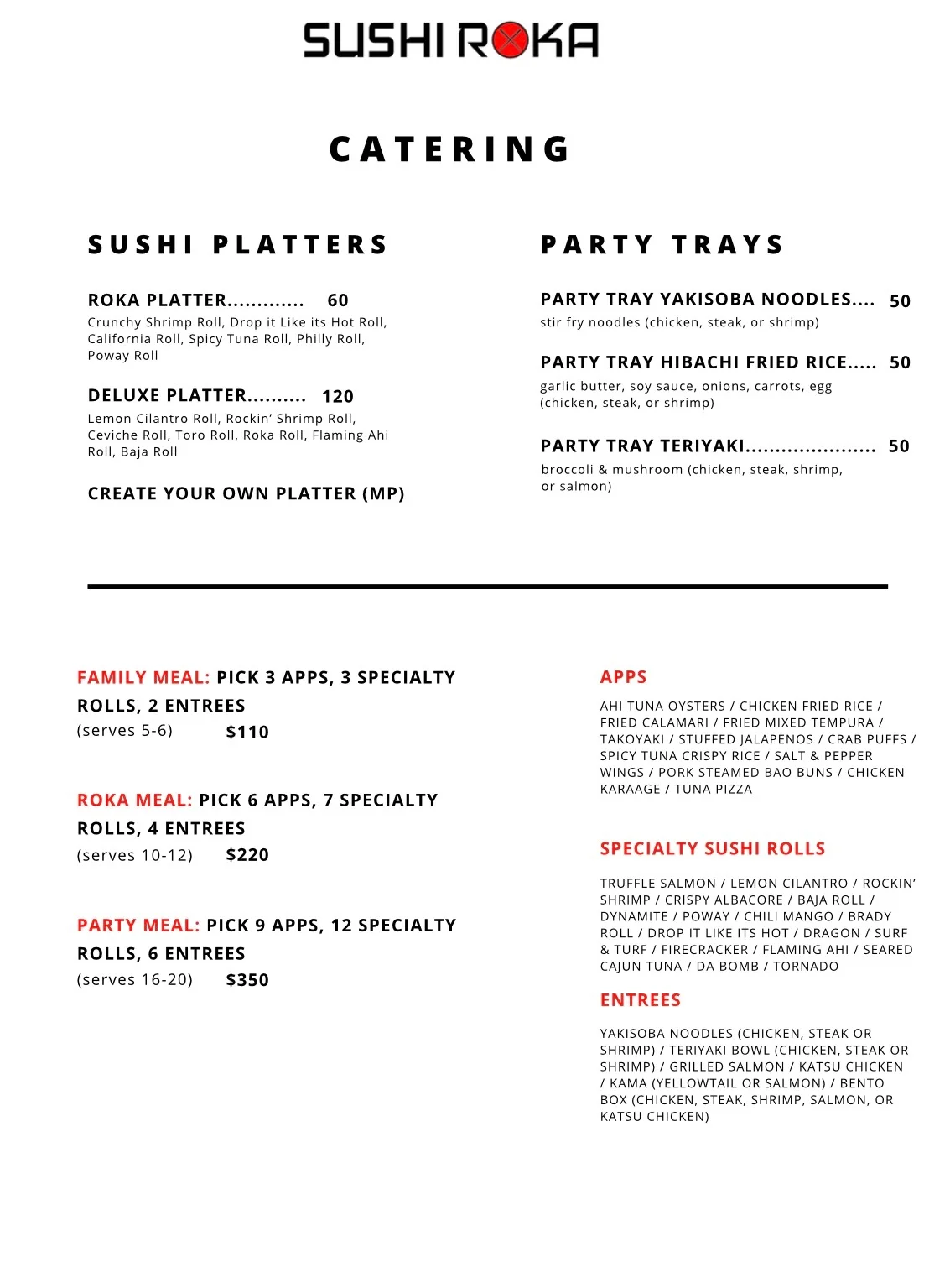 Catering menu for sushi platters and party trays