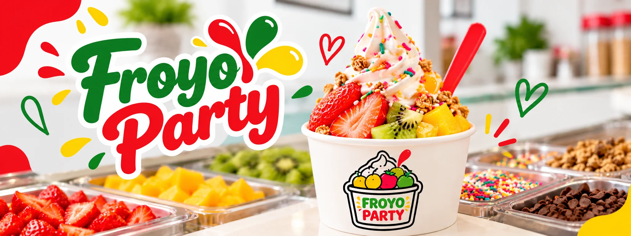 Frozen yogurt cup with fresh fruit, granola, and colorful sprinkles
