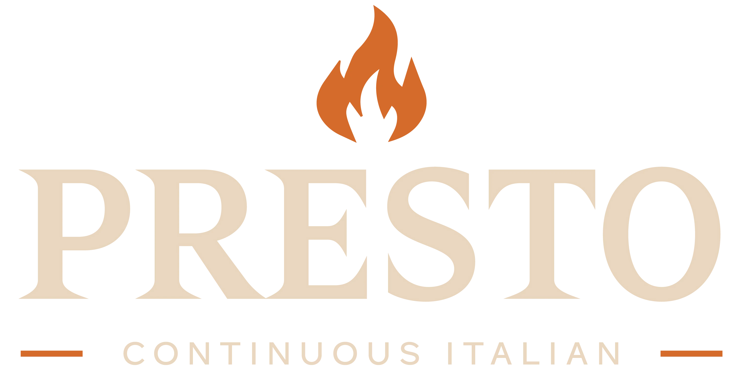 A logo featuring the word 'PRESTO' with a flame icon above it, suggesting Italian cuisine.
